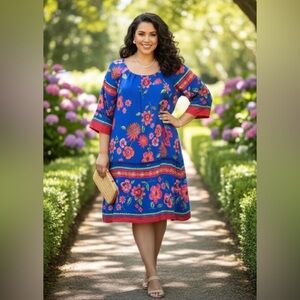 Vibrant Floral Midi Dress in Blue and Pink